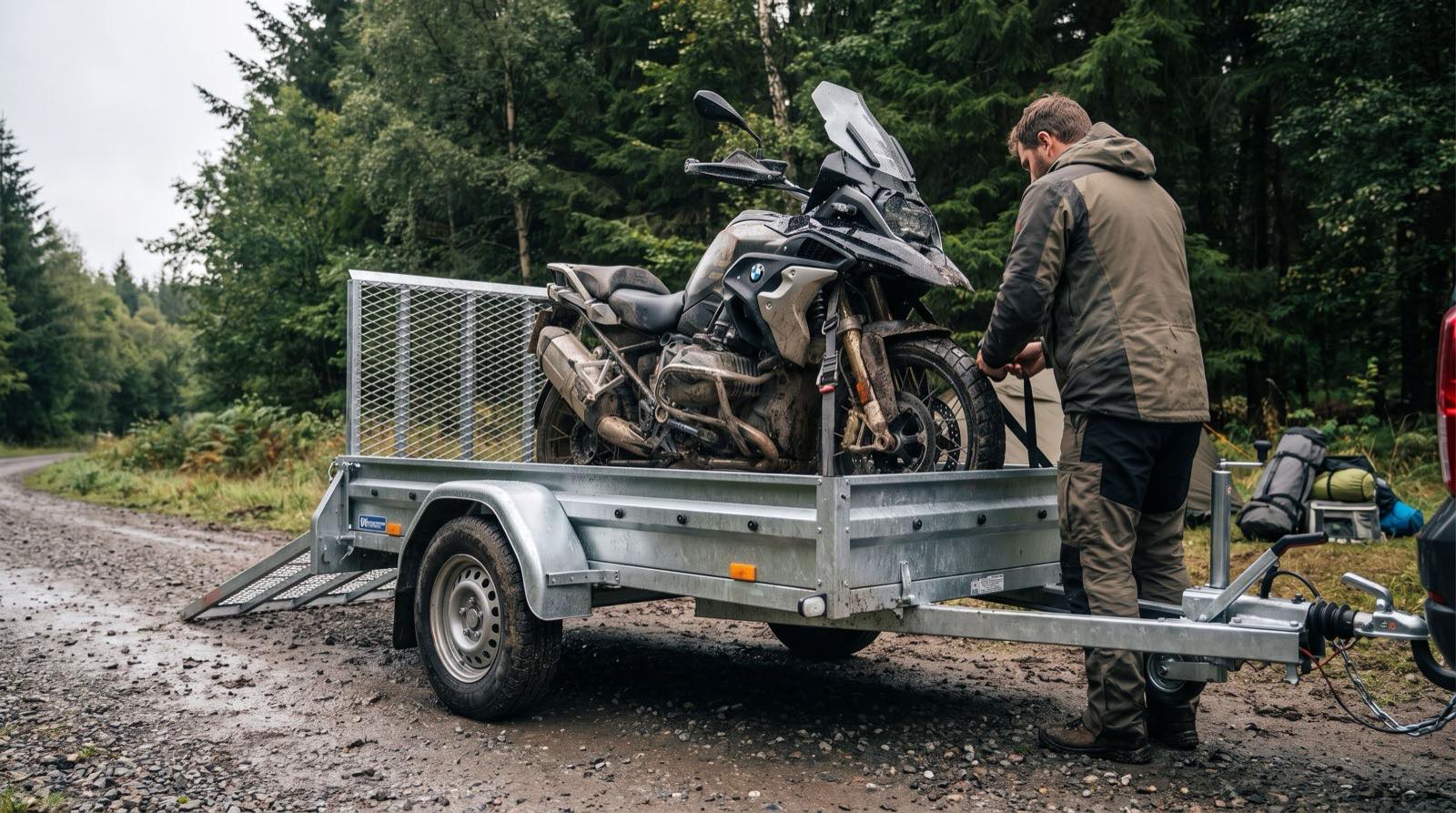 Remorque moto attelée, prête pour la route
